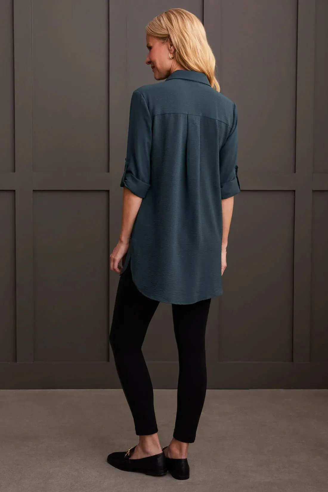 Pebbled Crepe Roll-Sleeve Tunic