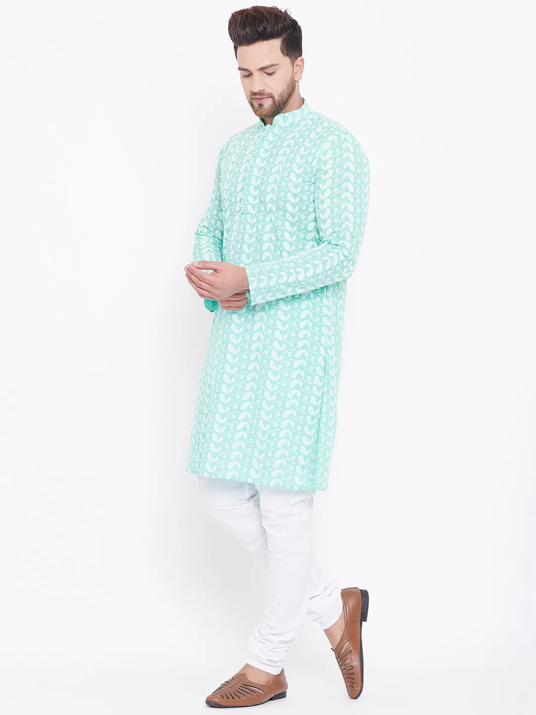 VASTRAMAY Green Cotton Chikankari Kurta Pyjama