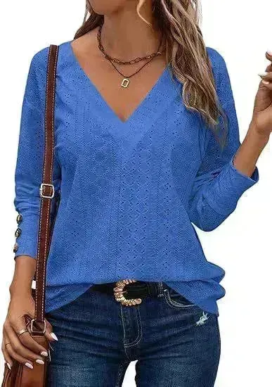 Women's Casual V-neck Long Sleeved Lace Casual Embroidered Shirt top